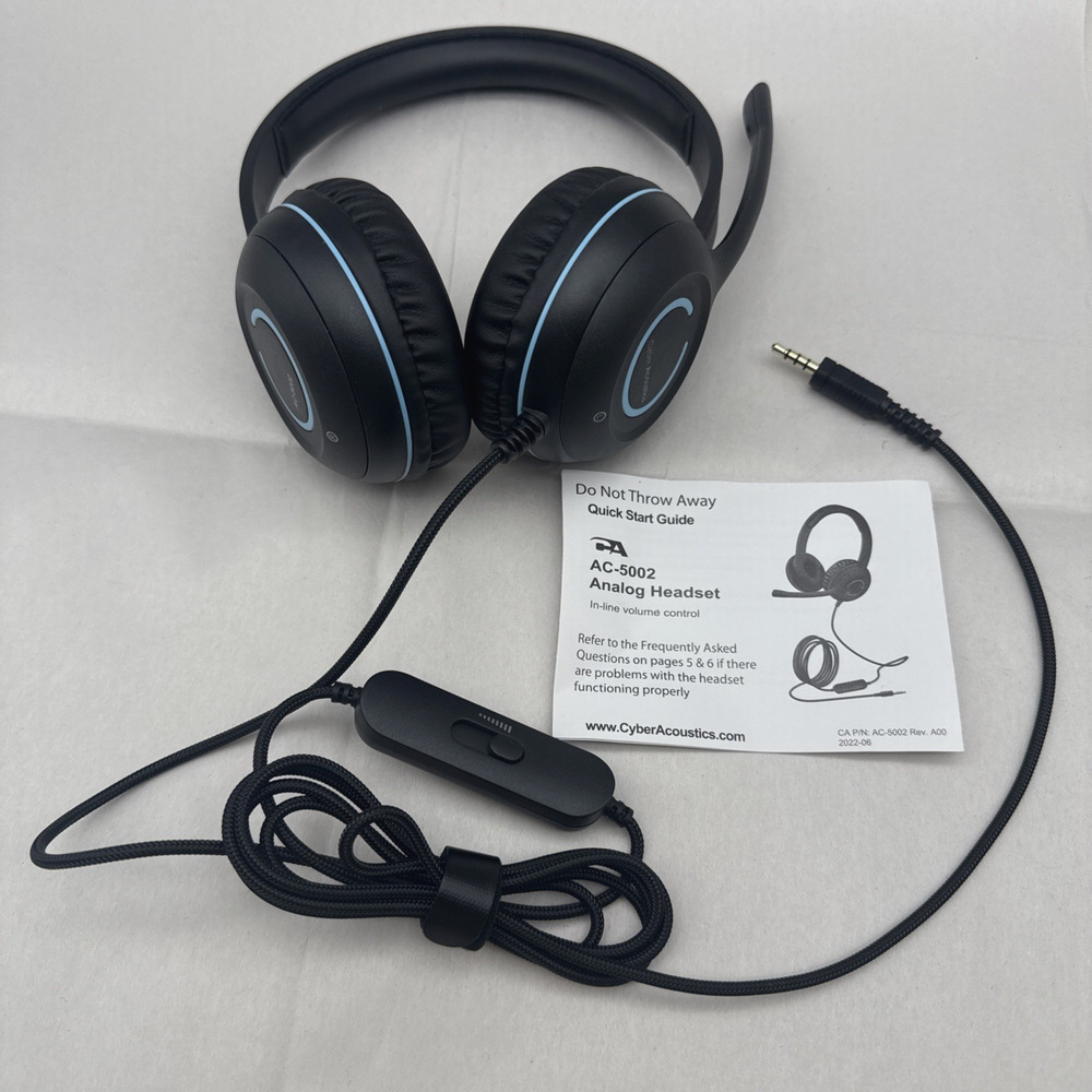 Cyber Acoustics Stereo Headset AC-5002, Single 3.5mm Plug w/out Box UNUSED *READ